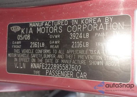 2009 Kia Spectra Ex from USA, damaged, VIN KNAFE222895587602